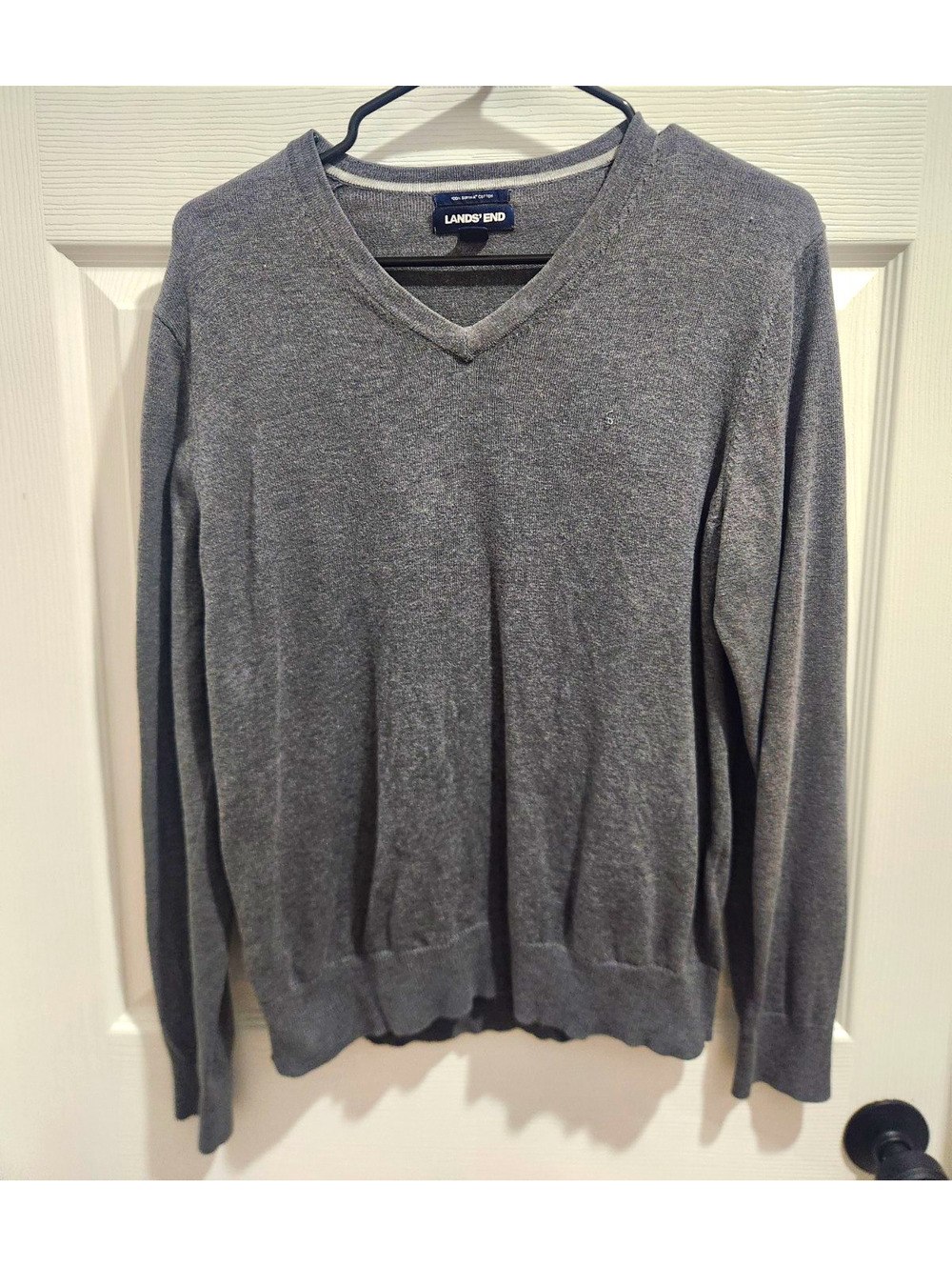 Lands' End Gray V-Neck Cotton Knit Pullover Sweater Long Sleeve S
